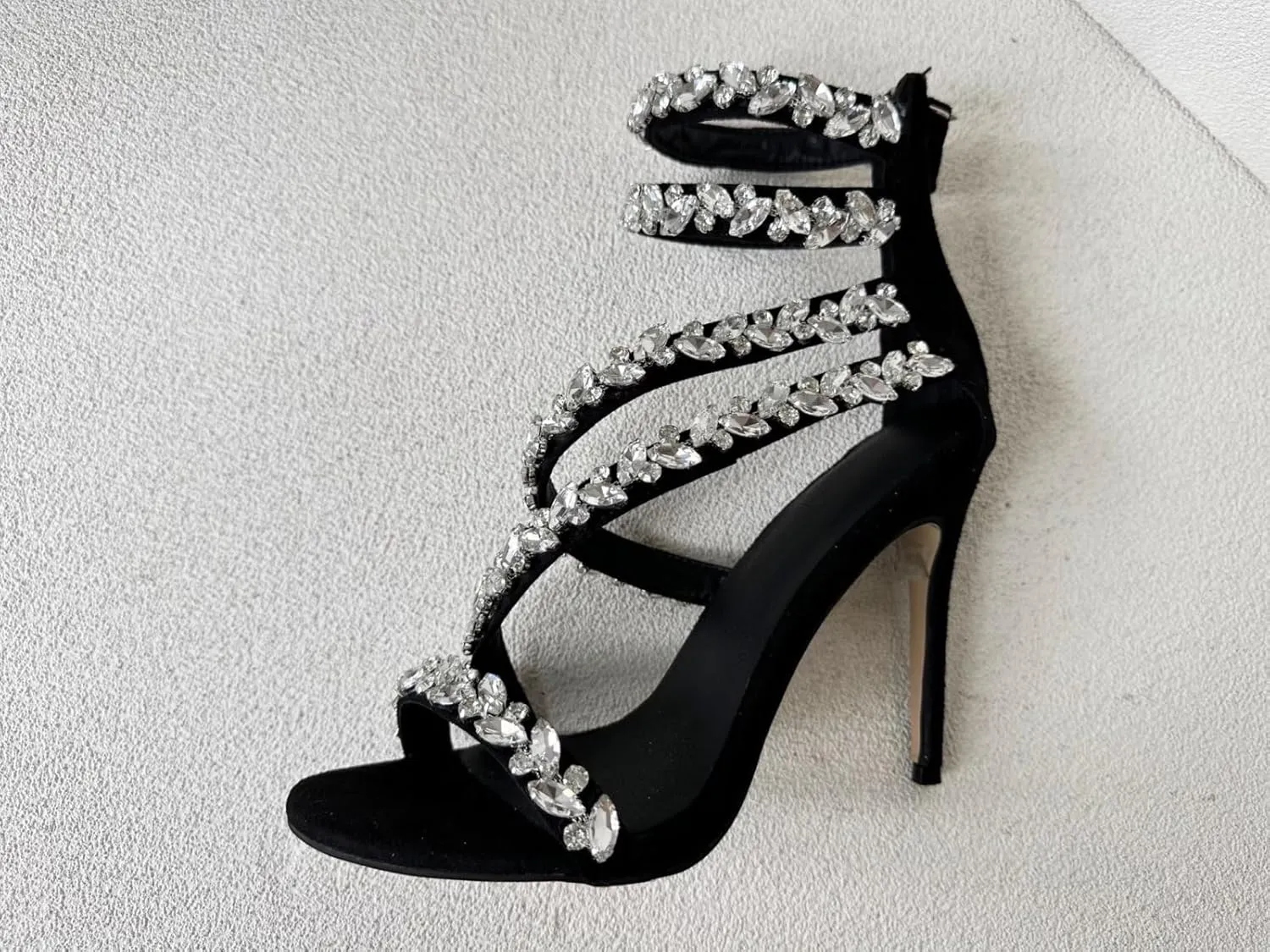 Frankie Hsu Ladies Girl Stiletto High Heeled Pumps Sandals, Black Suede Rhinestone Gems Designer Luxury Style, Big Large Size US4-19 Unisex Wedding Shoes For Women Men