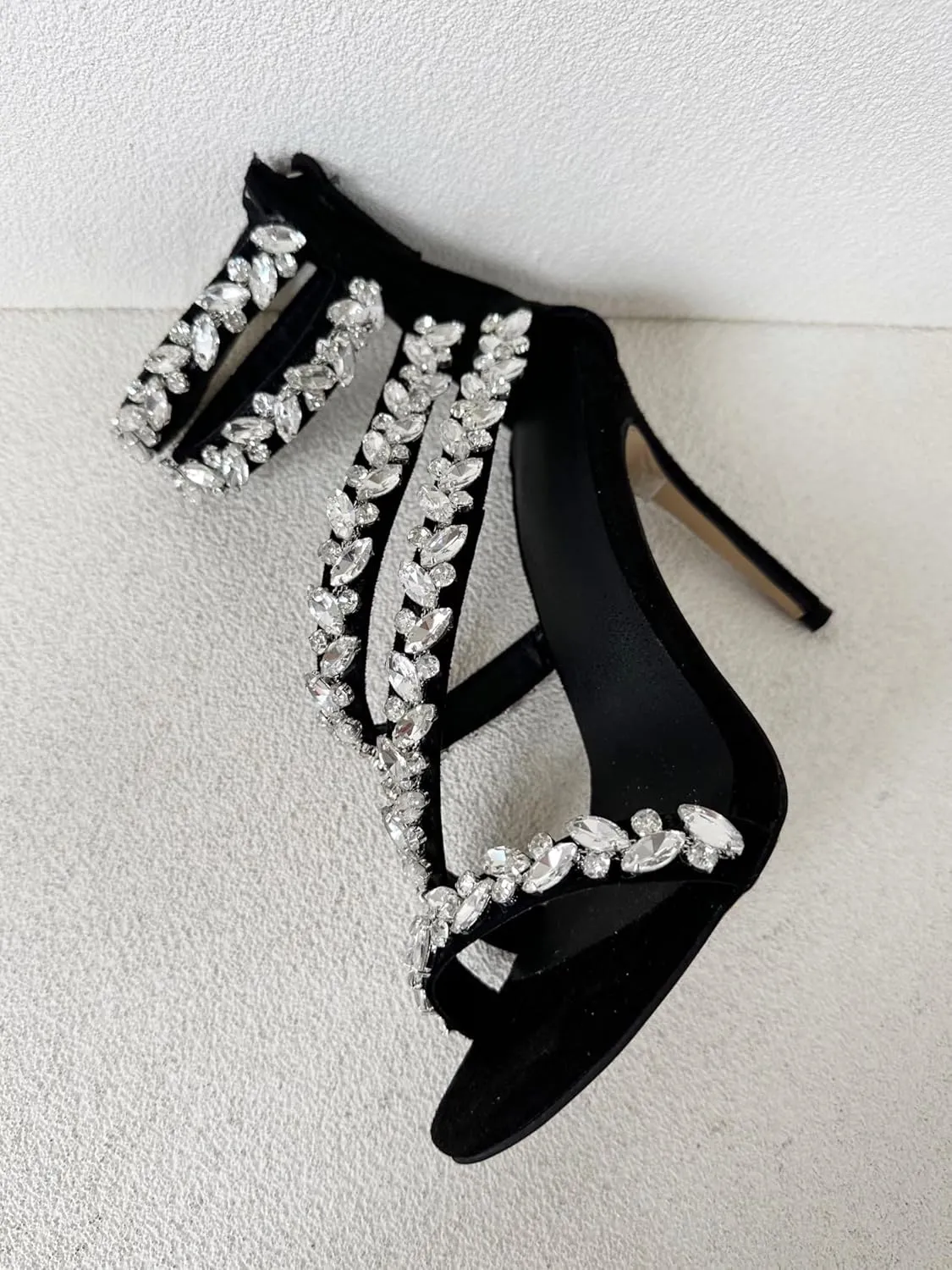 Frankie Hsu Ladies Girl Stiletto High Heeled Pumps Sandals, Black Suede Rhinestone Gems Designer Luxury Style, Big Large Size US4-19 Unisex Wedding Shoes For Women Men