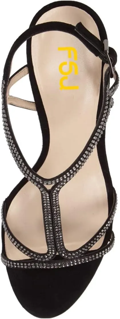 FSJ Women Casual T-Strap Sandal Open Toe Stacked Kitten Heel Strappy Rhinestone Shoe Size 4-15 US