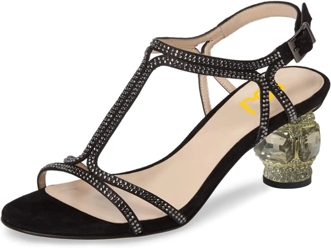 FSJ Women Casual T-Strap Sandal Open Toe Stacked Kitten Heel Strappy Rhinestone Shoe Size 4-15 US