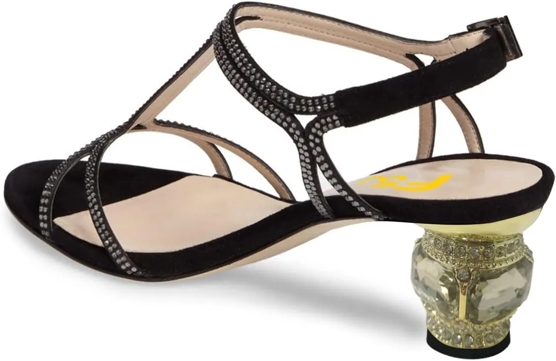 FSJ Women Casual T-Strap Sandal Open Toe Stacked Kitten Heel Strappy Rhinestone Shoe Size 4-15 US