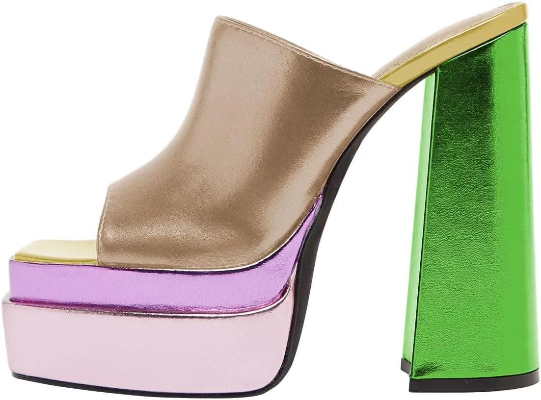 FSJ Women Chunky Platform Sandals Slip On Square Open Toe High Heel Sexy Mules Fashion Heeled Slide Party Date Dress Shoes Size 4-16 US