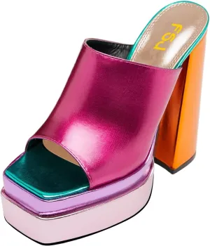 FSJ Women Chunky Platform Sandals Slip On Square Open Toe High Heel Sexy Mules Fashion Heeled Slide Party Date Dress Shoes Size 4-16 US