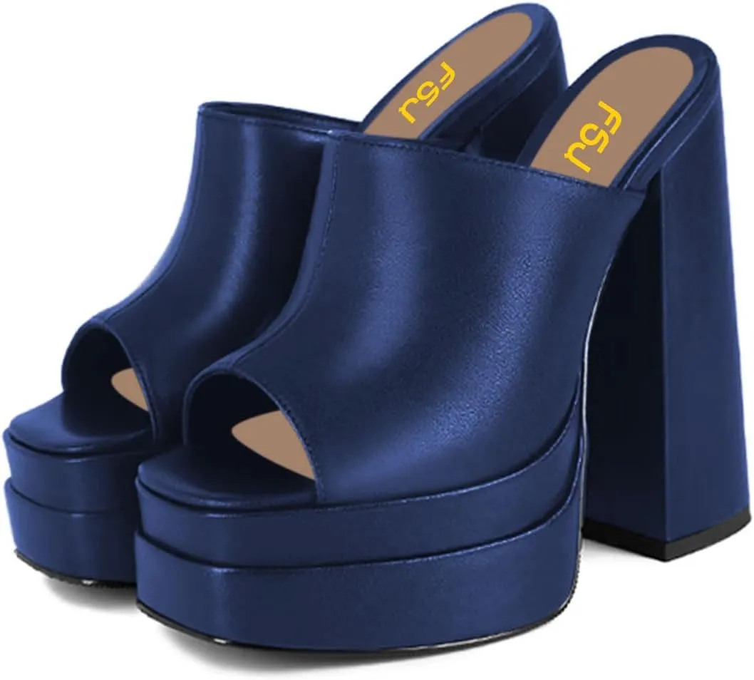 FSJ Women Chunky Platform Sandals Slip On Square Open Toe High Heel Sexy Mules Fashion Heeled Slide Party Date Dress Shoes Size 4-16 US