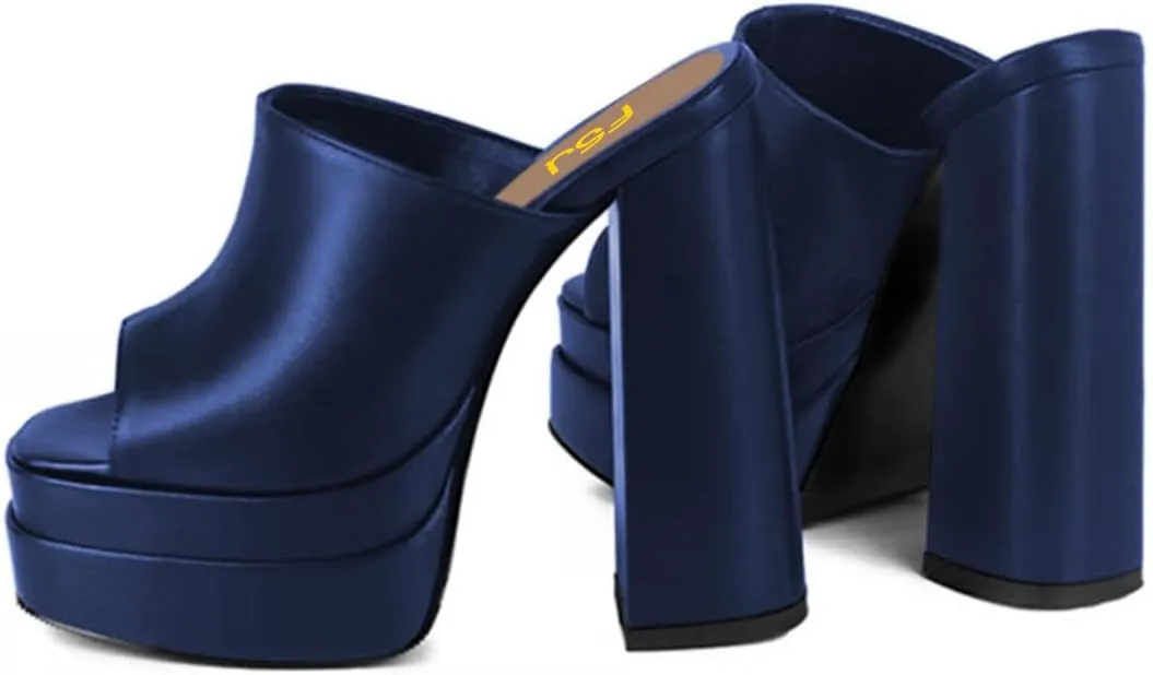 FSJ Women Chunky Platform Sandals Slip On Square Open Toe High Heel Sexy Mules Fashion Heeled Slide Party Date Dress Shoes Size 4-16 US