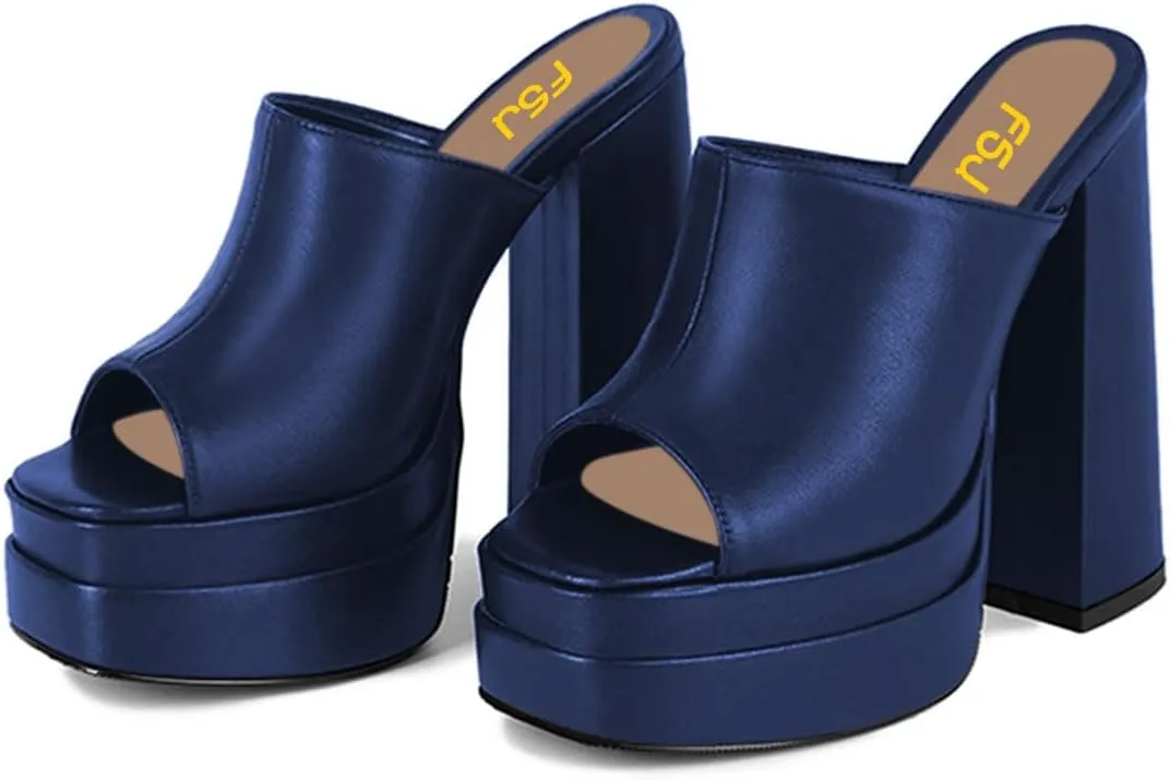 FSJ Women Chunky Platform Sandals Slip On Square Open Toe High Heel Sexy Mules Fashion Heeled Slide Party Date Dress Shoes Size 4-16 US