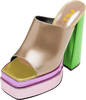 FSJ Women Chunky Platform Sandals Slip On Square Open Toe High Heel Sexy Mules Fashion Heeled Slide Party Date Dress Shoes Size 4-16 US