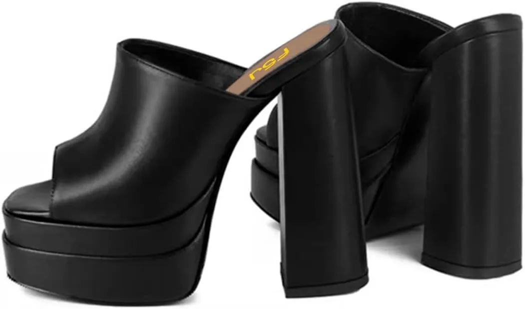 FSJ Women Chunky Platform Sandals Slip On Square Open Toe High Heel Sexy Mules Fashion Heeled Slide Party Date Dress Shoes Size 4-16 US
