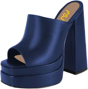 FSJ Women Chunky Platform Sandals Slip On Square Open Toe High Heel Sexy Mules Fashion Heeled Slide Party Date Dress Shoes Size 4-16 US