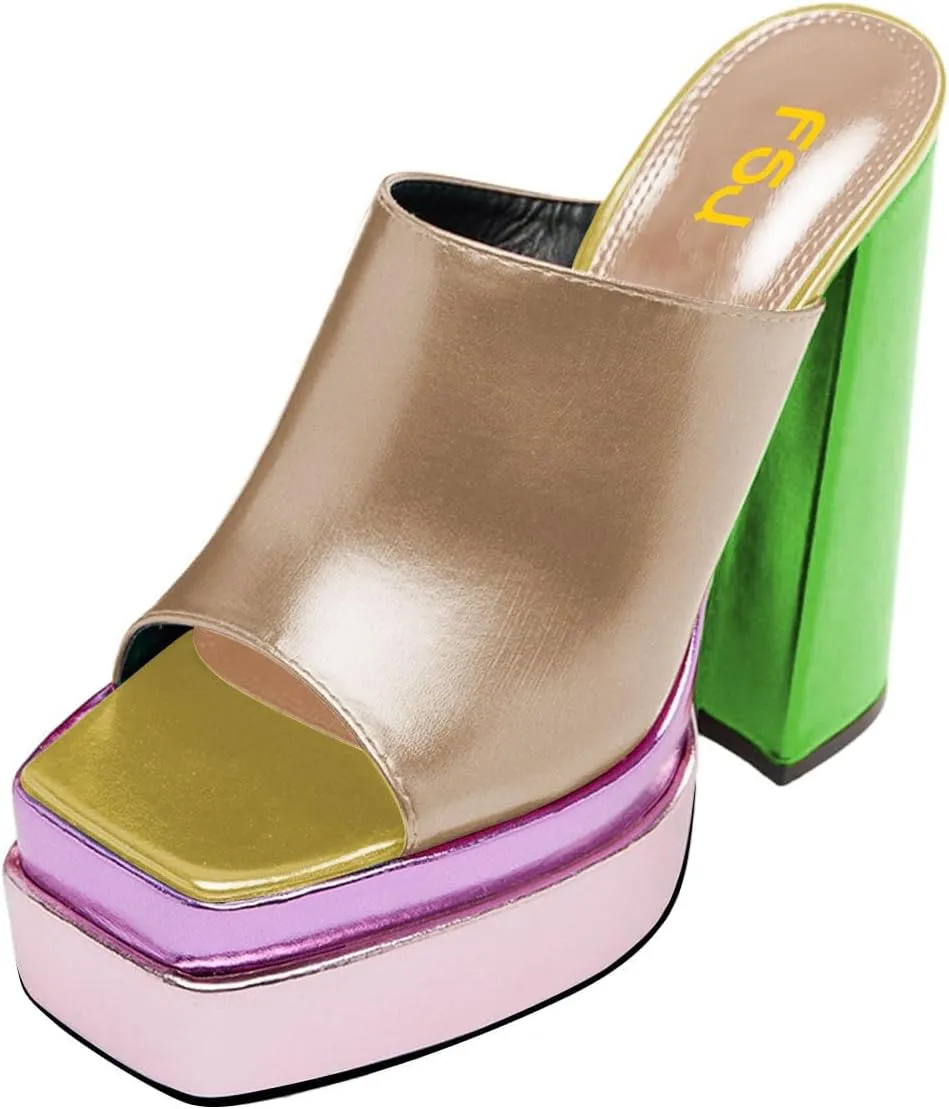 FSJ Women Chunky Platform Sandals Slip On Square Open Toe High Heel Sexy Mules Fashion Heeled Slide Party Date Dress Shoes Size 4-16 US