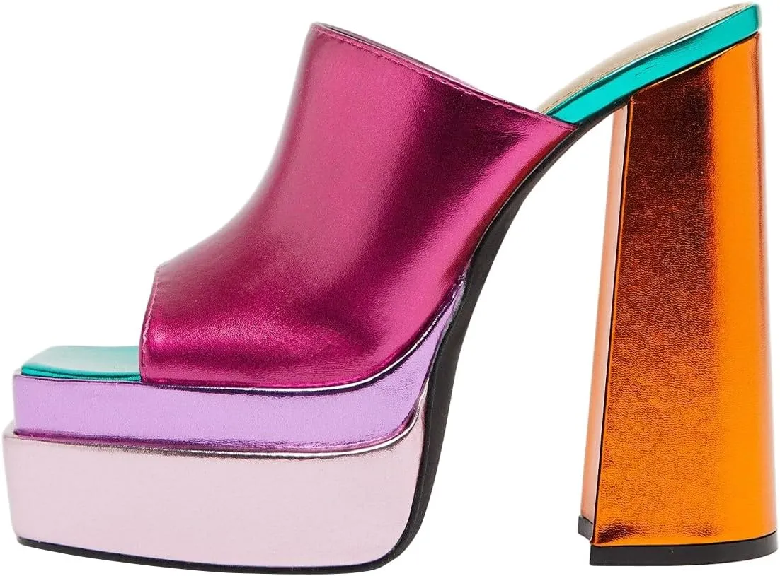 FSJ Women Chunky Platform Sandals Slip On Square Open Toe High Heel Sexy Mules Fashion Heeled Slide Party Date Dress Shoes Size 4-16 US
