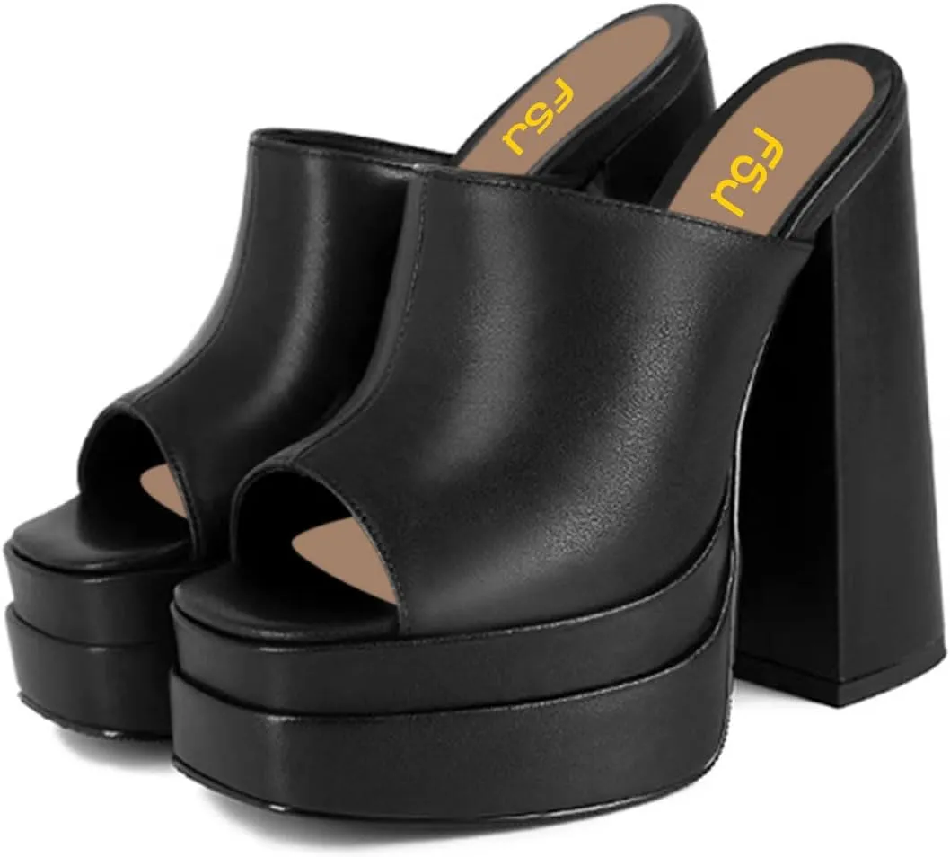 FSJ Women Chunky Platform Sandals Slip On Square Open Toe High Heel Sexy Mules Fashion Heeled Slide Party Date Dress Shoes Size 4-16 US