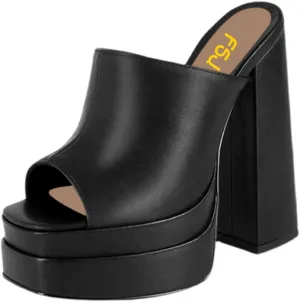 FSJ Women Chunky Platform Sandals Slip On Square Open Toe High Heel Sexy Mules Fashion Heeled Slide Party Date Dress Shoes Size 4-16 US