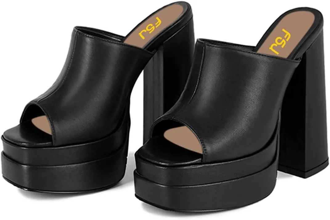 FSJ Women Chunky Platform Sandals Slip On Square Open Toe High Heel Sexy Mules Fashion Heeled Slide Party Date Dress Shoes Size 4-16 US