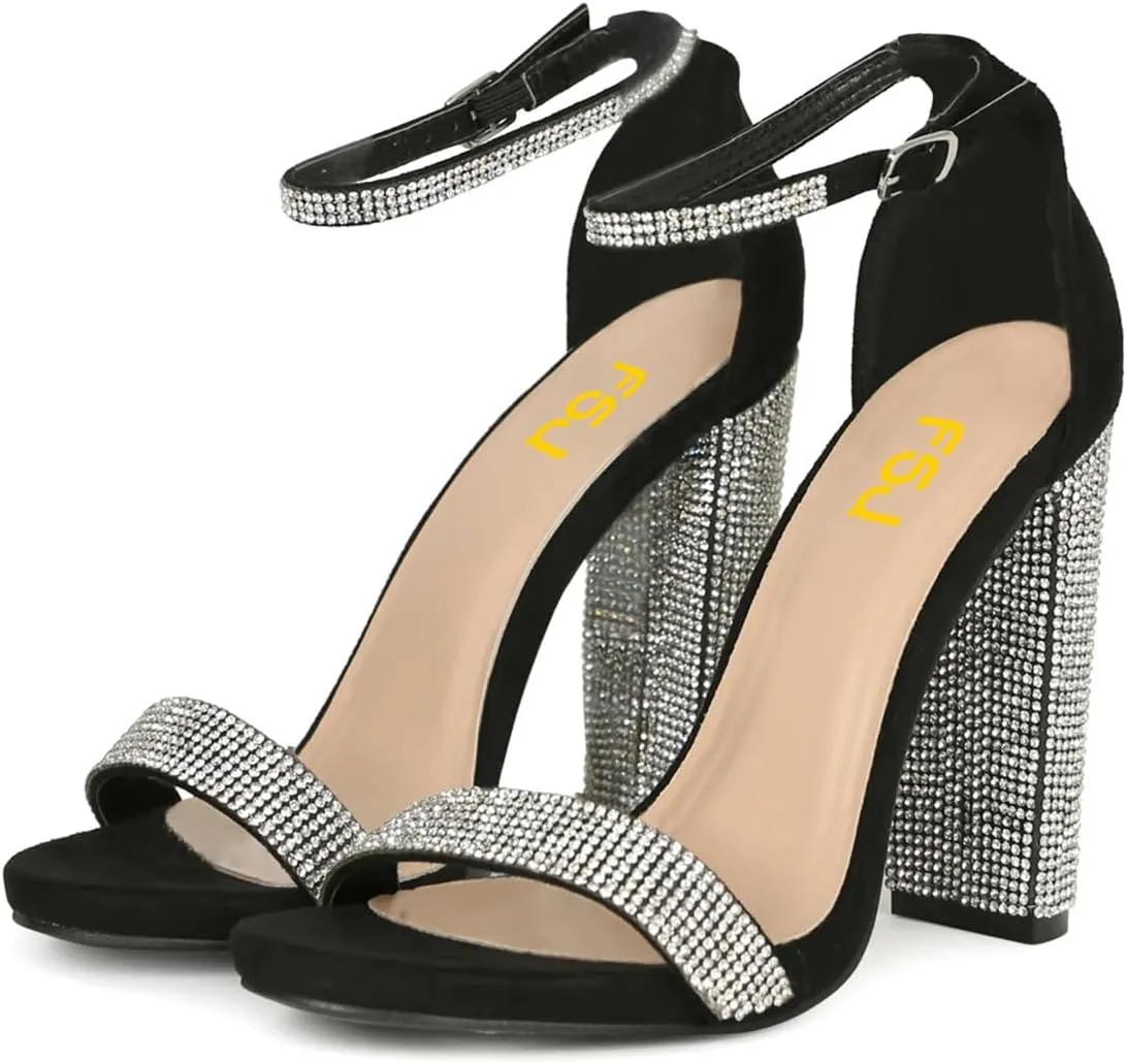 FSJ Women Classic Chunky High Heel Sandals Open Toe Ankle Strap Single Band Dress Shoe Size 4-15 US