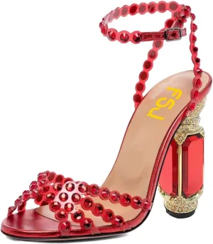 FSJ Women Fashion Open Almond Toe Ankle Strap Sandals Chunky High Heel Crystal Rhinestone Pumps Wedding Party Evening Shoes