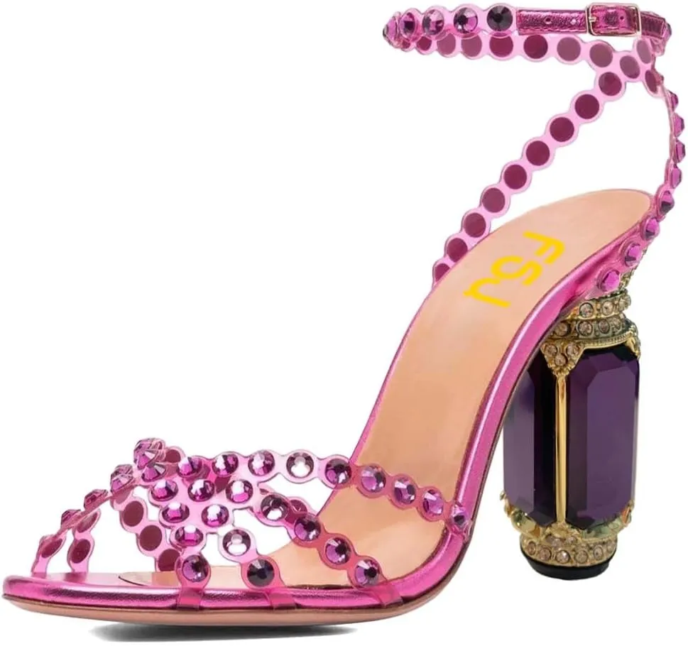 FSJ Women Fashion Open Almond Toe Ankle Strap Sandals Chunky High Heel Crystal Rhinestone Pumps Wedding Party Evening Shoes
