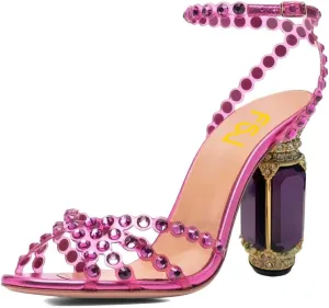 FSJ Women Fashion Open Almond Toe Ankle Strap Sandals Chunky High Heel Crystal Rhinestone Pumps Wedding Party Evening Shoes