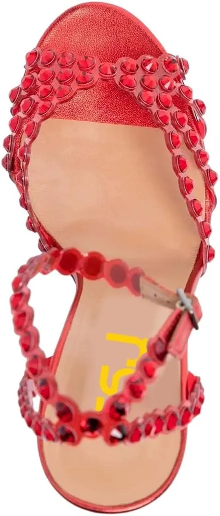 FSJ Women Fashion Open Almond Toe Ankle Strap Sandals Chunky High Heel Crystal Rhinestone Pumps Wedding Party Evening Shoes