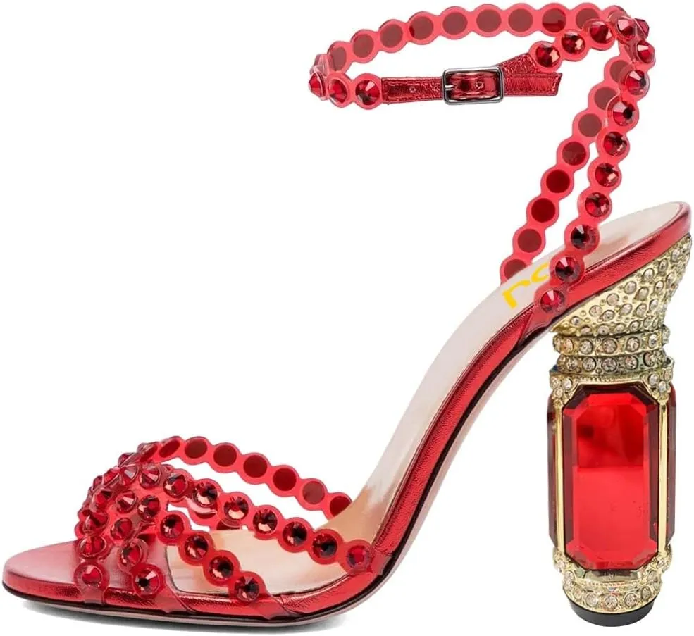FSJ Women Fashion Open Almond Toe Ankle Strap Sandals Chunky High Heel Crystal Rhinestone Pumps Wedding Party Evening Shoes