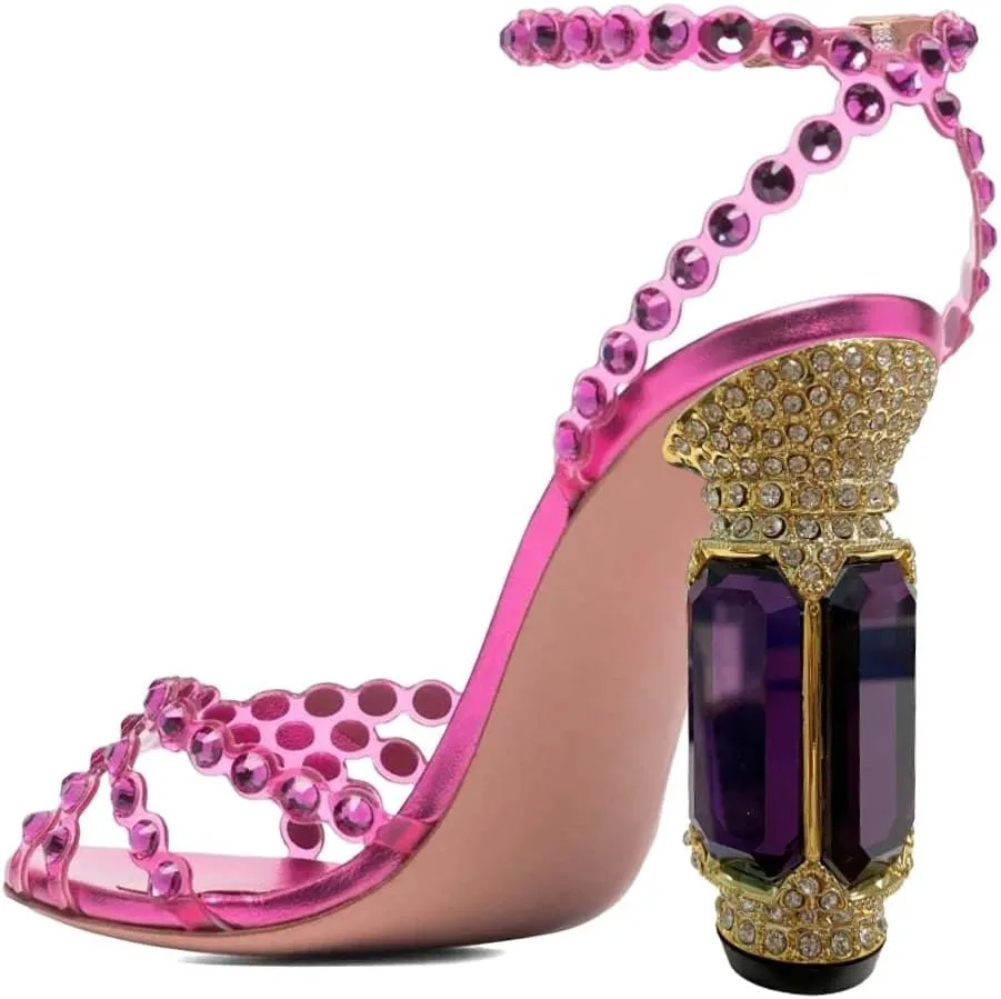 FSJ Women Fashion Open Almond Toe Ankle Strap Sandals Chunky High Heel Crystal Rhinestone Pumps Wedding Party Evening Shoes