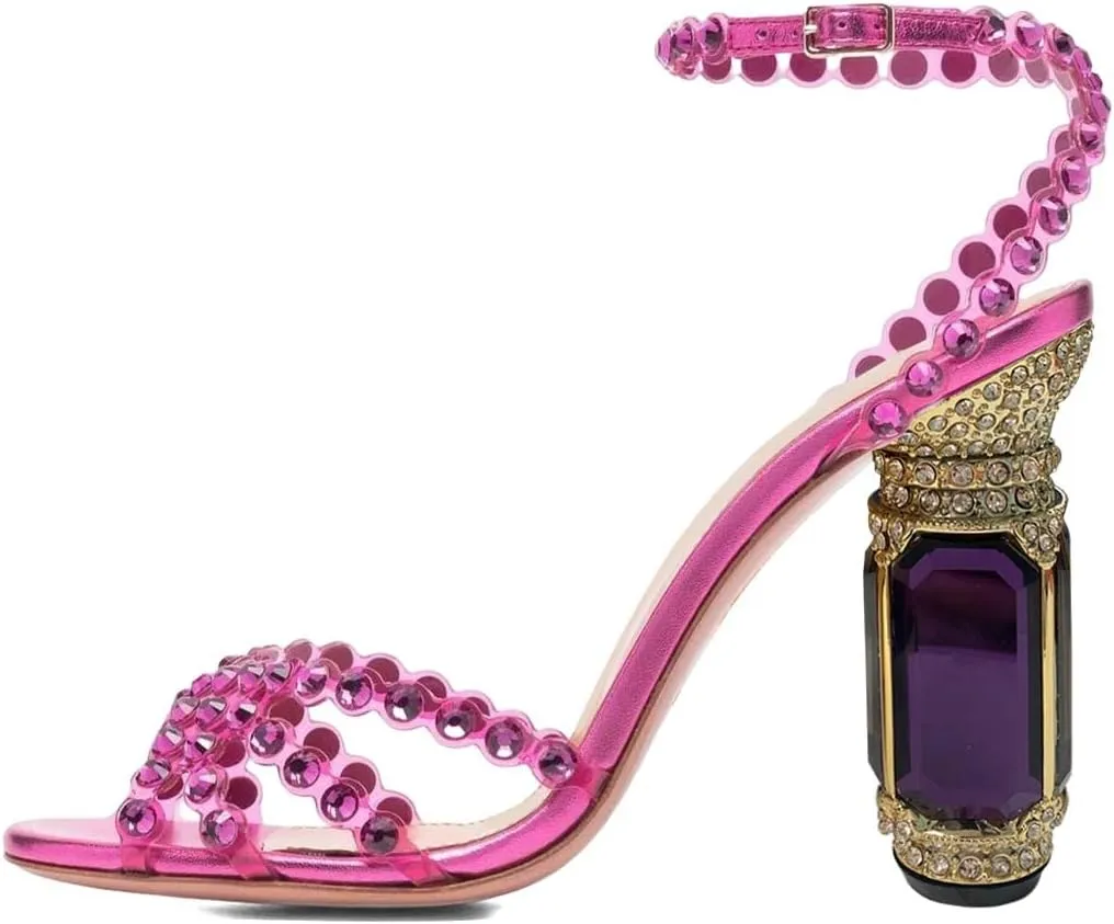 FSJ Women Fashion Open Almond Toe Ankle Strap Sandals Chunky High Heel Crystal Rhinestone Pumps Wedding Party Evening Shoes