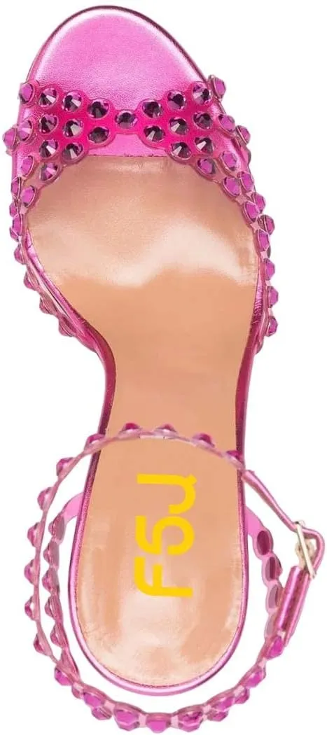 FSJ Women Fashion Open Almond Toe Ankle Strap Sandals Chunky High Heel Crystal Rhinestone Pumps Wedding Party Evening Shoes