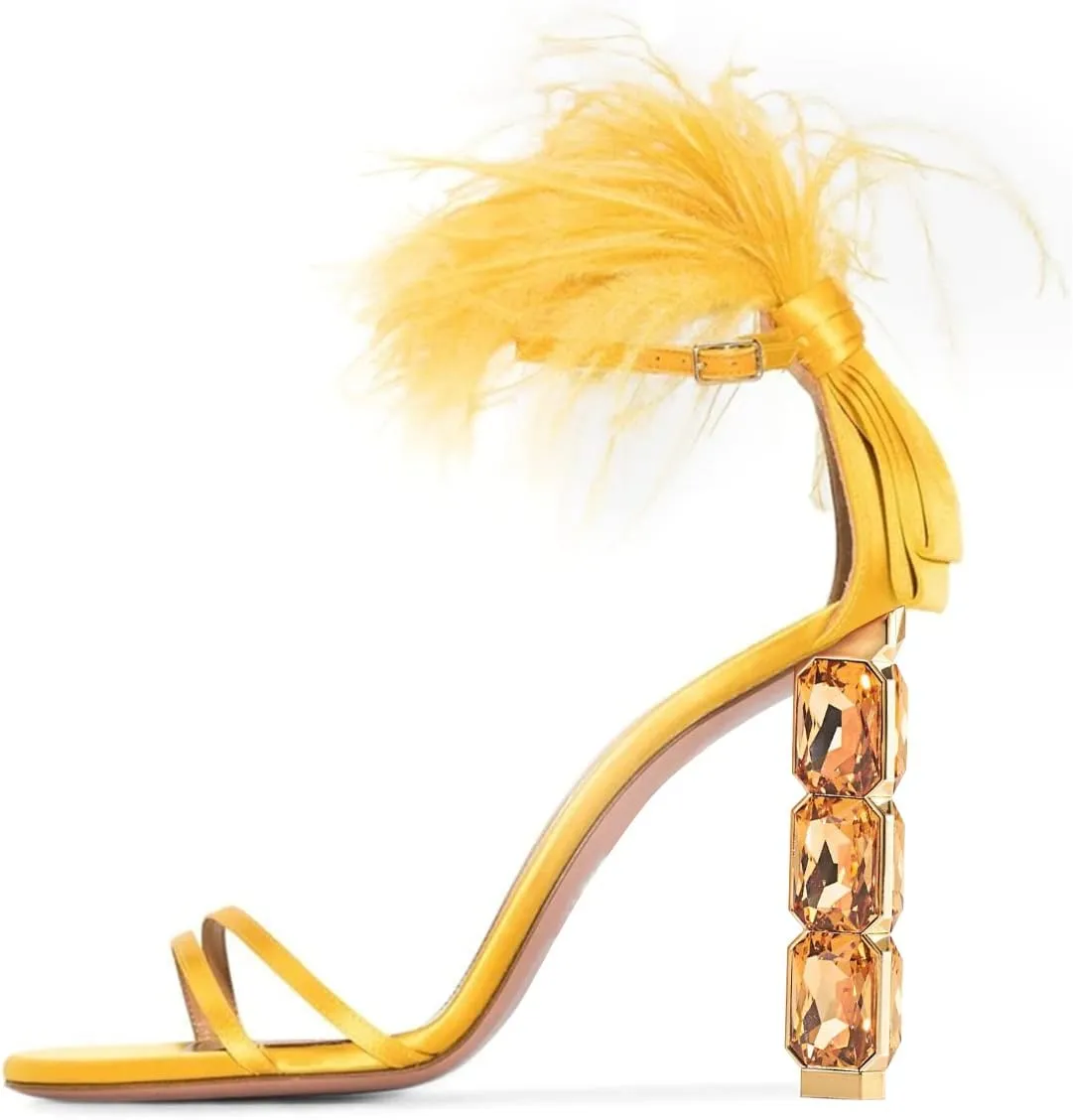 FSJ Women Gorgeous Crystal Beaded High Heel Sexy Fur Feather Bow Sandals Open Toe Ankle Strap Wedding Party Dress Shoes Size 4-15 US