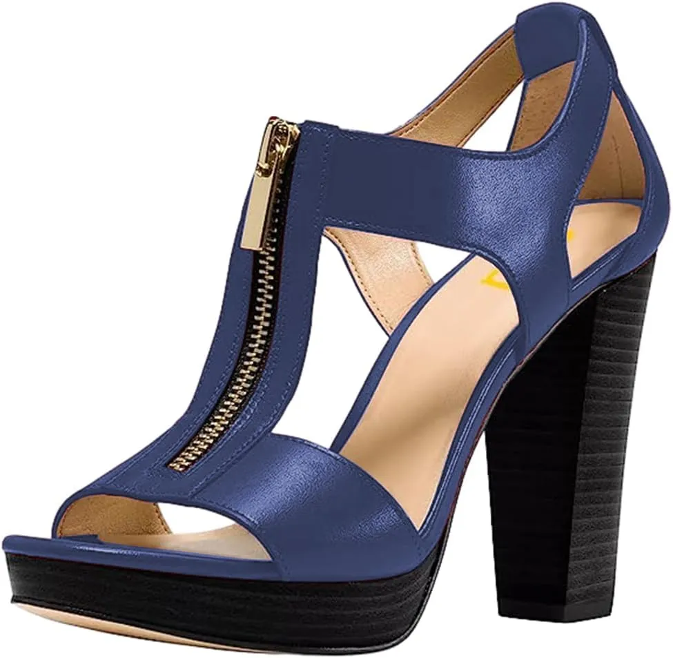 FSJ Women Peep Open Toe T-Strap Front Zipper Chunky Stacked High Heel Sandal Booties Platform Pumps Shoes Size 4-15 US