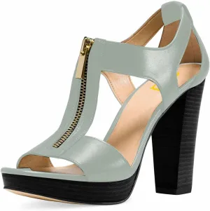 FSJ Women Peep Open Toe T-Strap Front Zipper Chunky Stacked High Heel Sandal Booties Platform Pumps Shoes Size 4-15 US