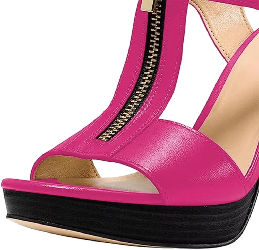 FSJ Women Peep Open Toe T-Strap Front Zipper Chunky Stacked High Heel Sandal Booties Platform Pumps Shoes Size 4-15 US