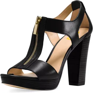 FSJ Women Peep Open Toe T-Strap Front Zipper Chunky Stacked High Heel Sandal Booties Platform Pumps Shoes Size 4-15 US