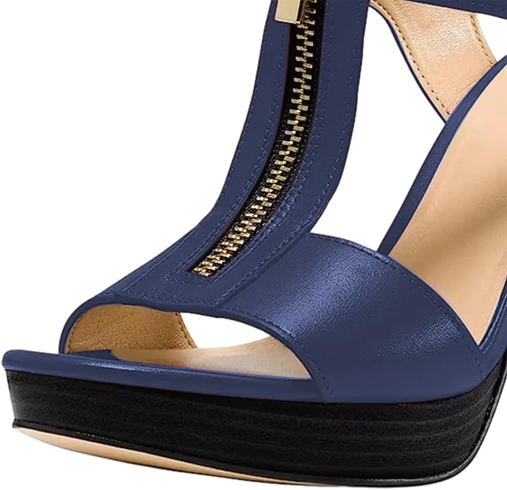 FSJ Women Peep Open Toe T-Strap Front Zipper Chunky Stacked High Heel Sandal Booties Platform Pumps Shoes Size 4-15 US