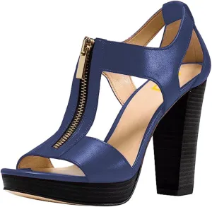 FSJ Women Peep Open Toe T-Strap Front Zipper Chunky Stacked High Heel Sandal Booties Platform Pumps Shoes Size 4-15 US