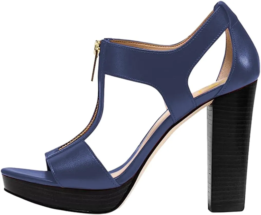FSJ Women Peep Open Toe T-Strap Front Zipper Chunky Stacked High Heel Sandal Booties Platform Pumps Shoes Size 4-15 US
