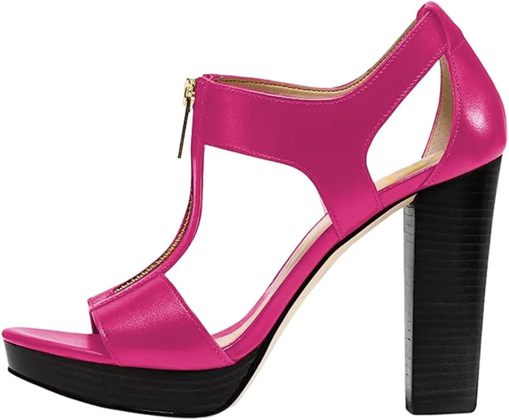 FSJ Women Peep Open Toe T-Strap Front Zipper Chunky Stacked High Heel Sandal Booties Platform Pumps Shoes Size 4-15 US