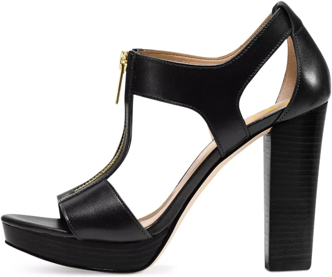 FSJ Women Peep Open Toe T-Strap Front Zipper Chunky Stacked High Heel Sandal Booties Platform Pumps Shoes Size 4-15 US