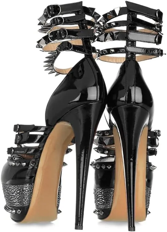 FSJ Women Sexy Studded Rivets Glossy Peep Toe Platform Sandals Stiletto Ultra High Heel Ankle Strap Party Prom Evening Dress Ladies Shoes Size 4-15 US