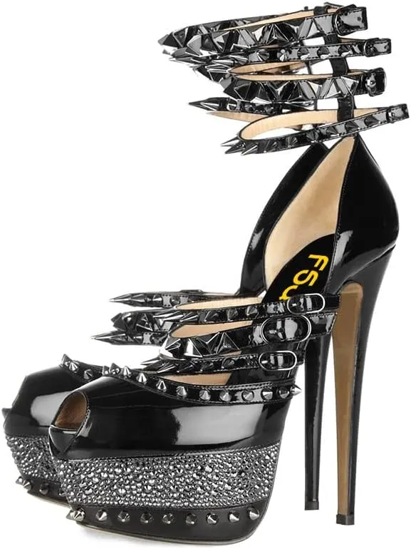FSJ Women Sexy Studded Rivets Glossy Peep Toe Platform Sandals Stiletto Ultra High Heel Ankle Strap Party Prom Evening Dress Ladies Shoes Size 4-15 US