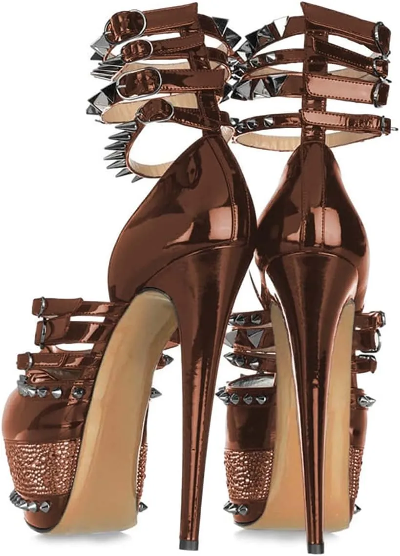 FSJ Women Sexy Studded Rivets Glossy Peep Toe Platform Sandals Stiletto Ultra High Heel Ankle Strap Party Prom Evening Dress Ladies Shoes Size 4-15 US
