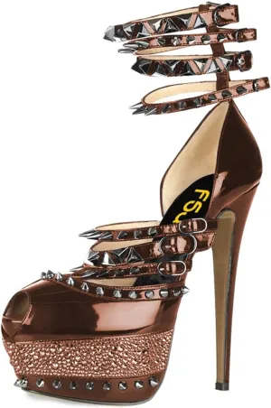 FSJ Women Sexy Studded Rivets Glossy Peep Toe Platform Sandals Stiletto Ultra High Heel Ankle Strap Party Prom Evening Dress Ladies Shoes Size 4-15 US