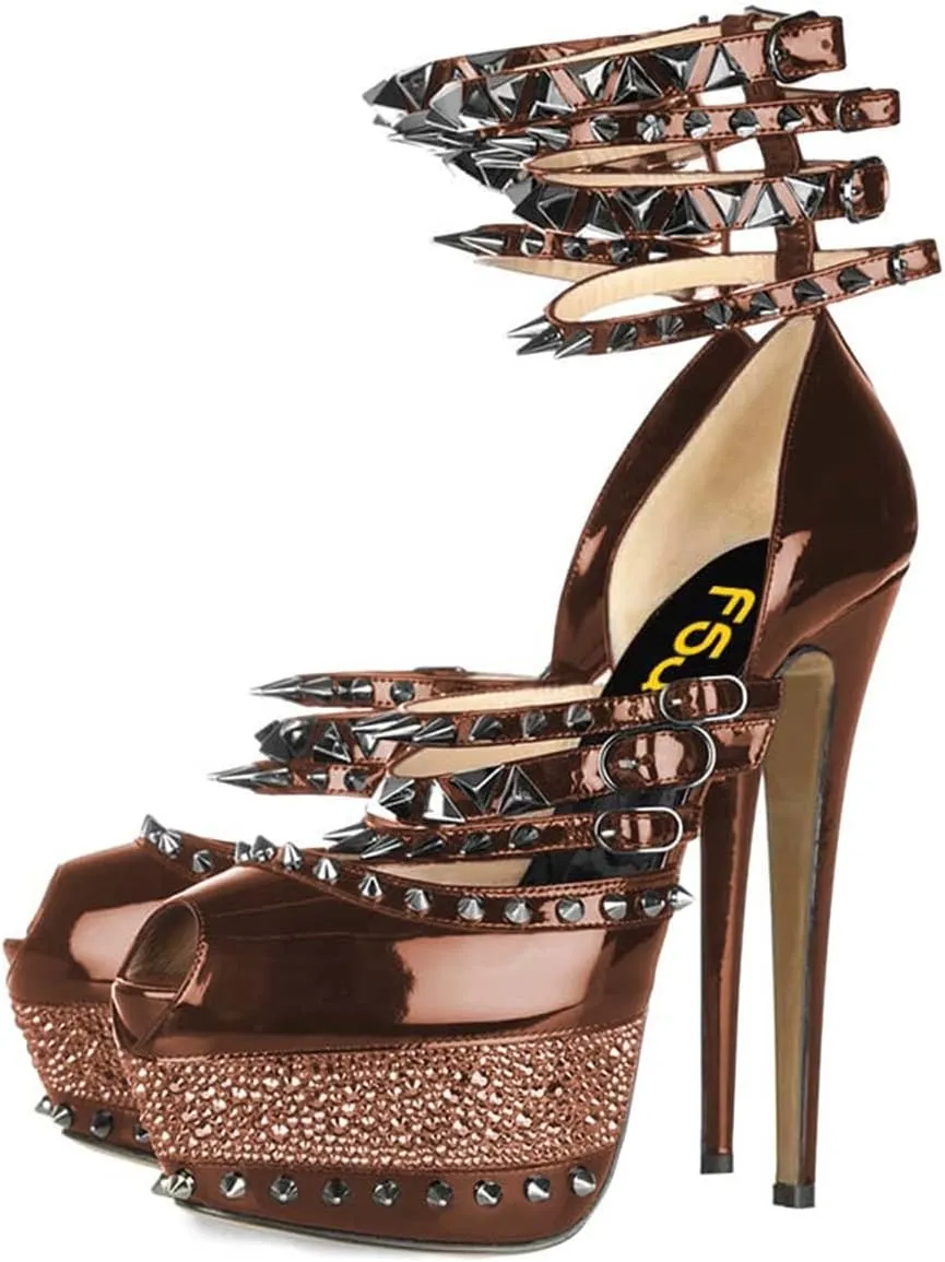 FSJ Women Sexy Studded Rivets Glossy Peep Toe Platform Sandals Stiletto Ultra High Heel Ankle Strap Party Prom Evening Dress Ladies Shoes Size 4-15 US