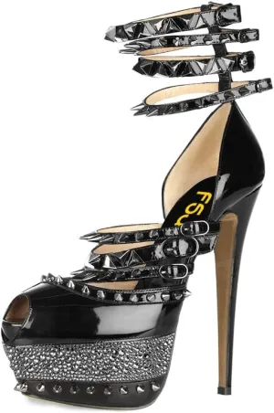 FSJ Women Sexy Studded Rivets Glossy Peep Toe Platform Sandals Stiletto Ultra High Heel Ankle Strap Party Prom Evening Dress Ladies Shoes Size 4-15 US