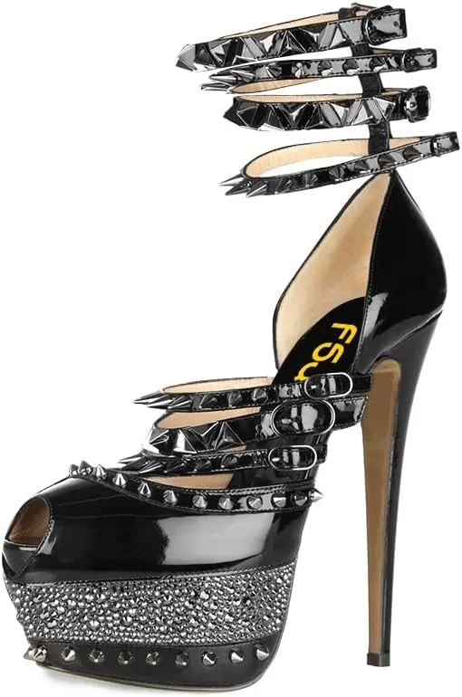FSJ Women Sexy Studded Rivets Glossy Peep Toe Platform Sandals Stiletto Ultra High Heel Ankle Strap Party Prom Evening Dress Ladies Shoes Size 4-15 US