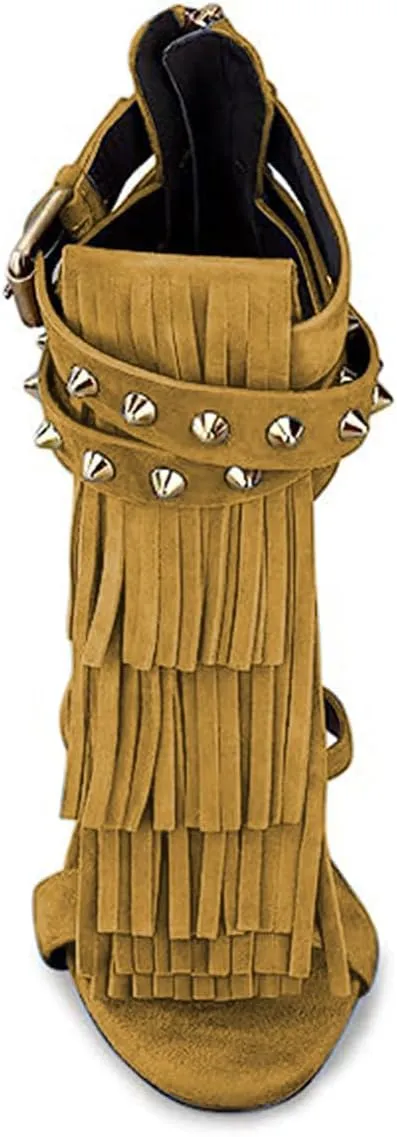 FSJ Women Tassels Gladiator Heeled Sandals Open Toe Stiletto High Heel Fringed Rivets Ankle Strap Back Zipper Shoes Size 4-15 US