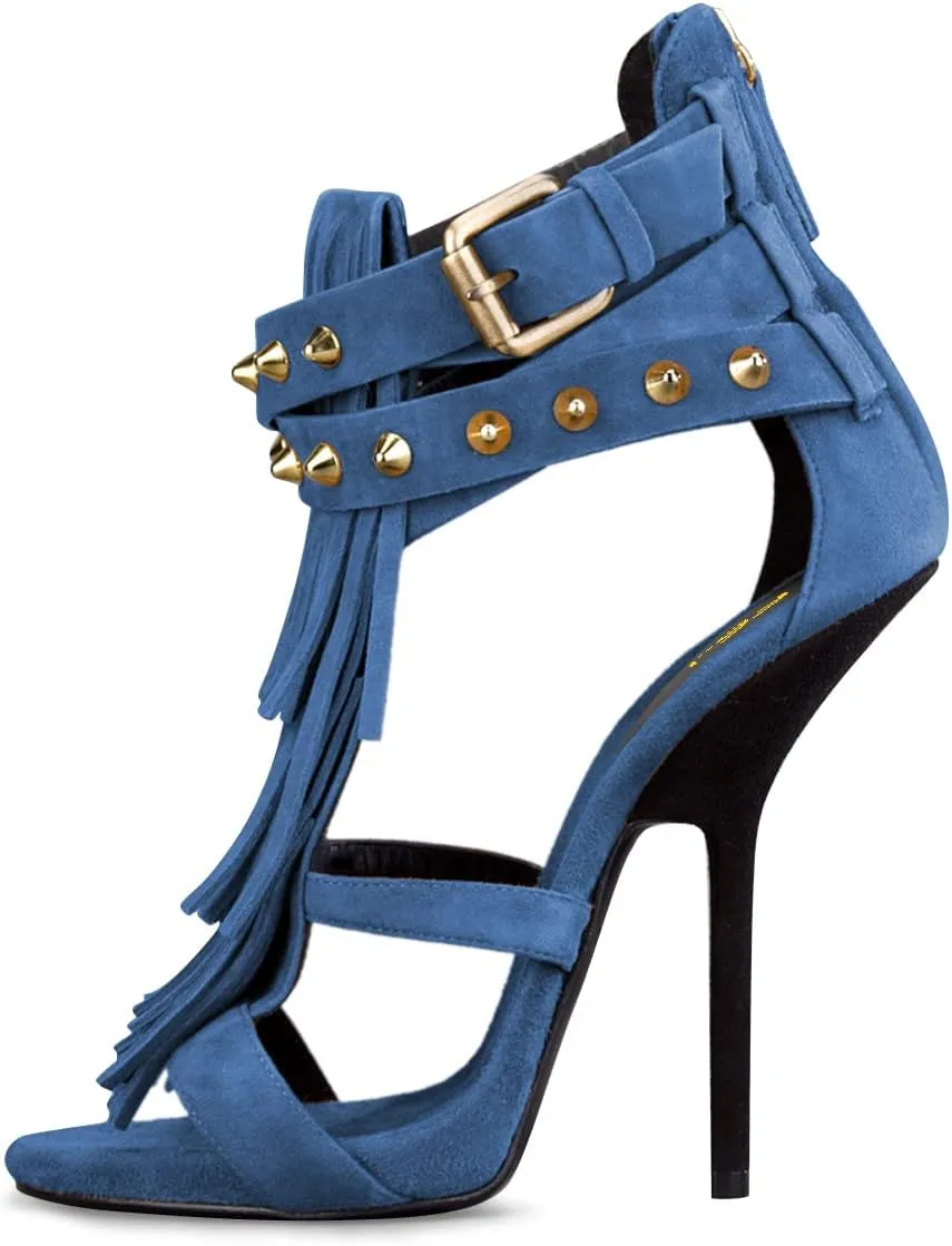 FSJ Women Tassels Gladiator Heeled Sandals Open Toe Stiletto High Heel Fringed Rivets Ankle Strap Back Zipper Shoes Size 4-15 US