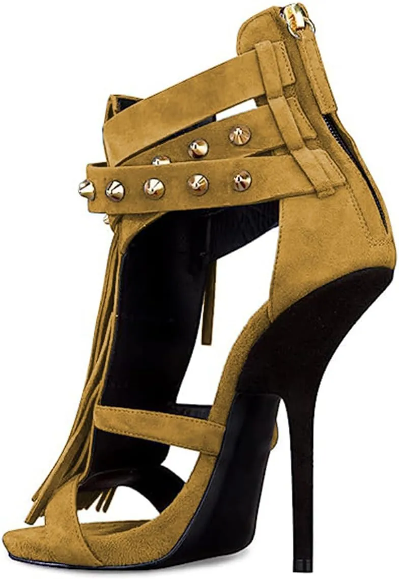 FSJ Women Tassels Gladiator Heeled Sandals Open Toe Stiletto High Heel Fringed Rivets Ankle Strap Back Zipper Shoes Size 4-15 US