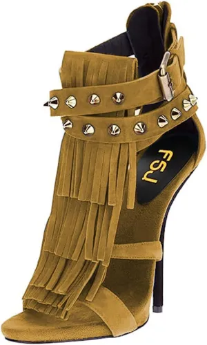 FSJ Women Tassels Gladiator Heeled Sandals Open Toe Stiletto High Heel Fringed Rivets Ankle Strap Back Zipper Shoes Size 4-15 US