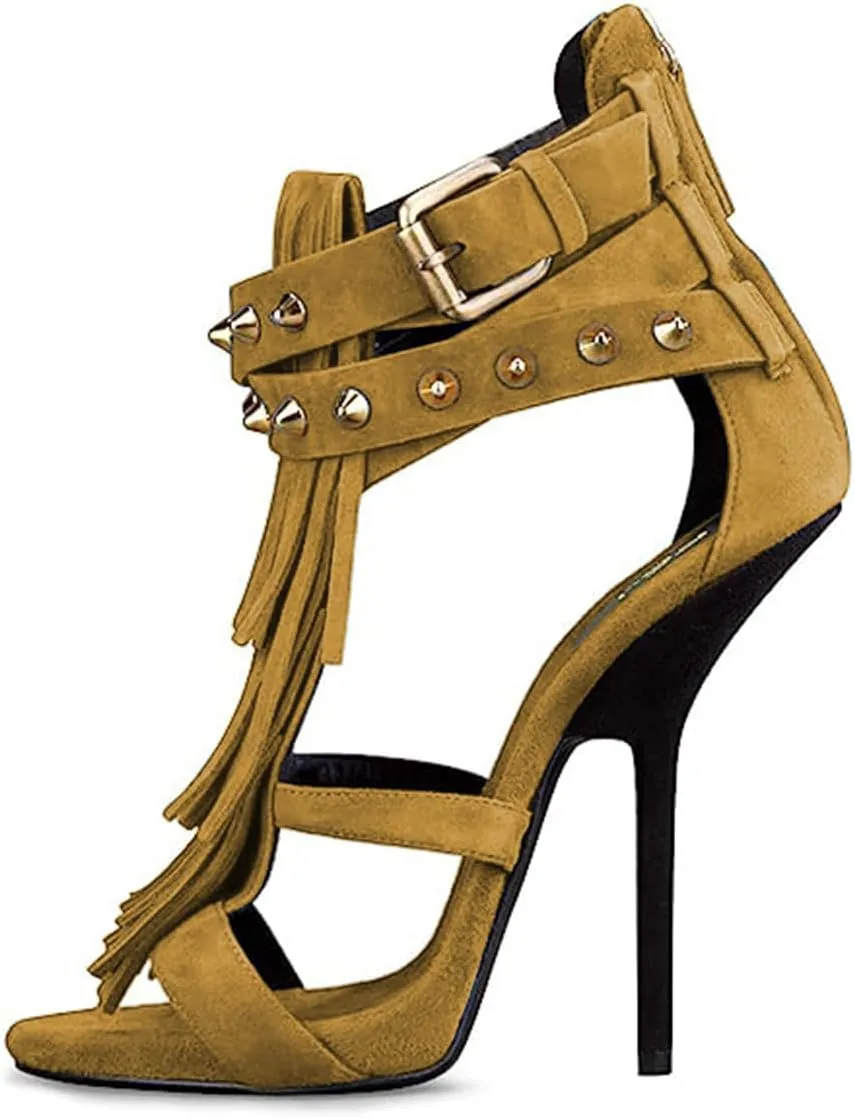 FSJ Women Tassels Gladiator Heeled Sandals Open Toe Stiletto High Heel Fringed Rivets Ankle Strap Back Zipper Shoes Size 4-15 US