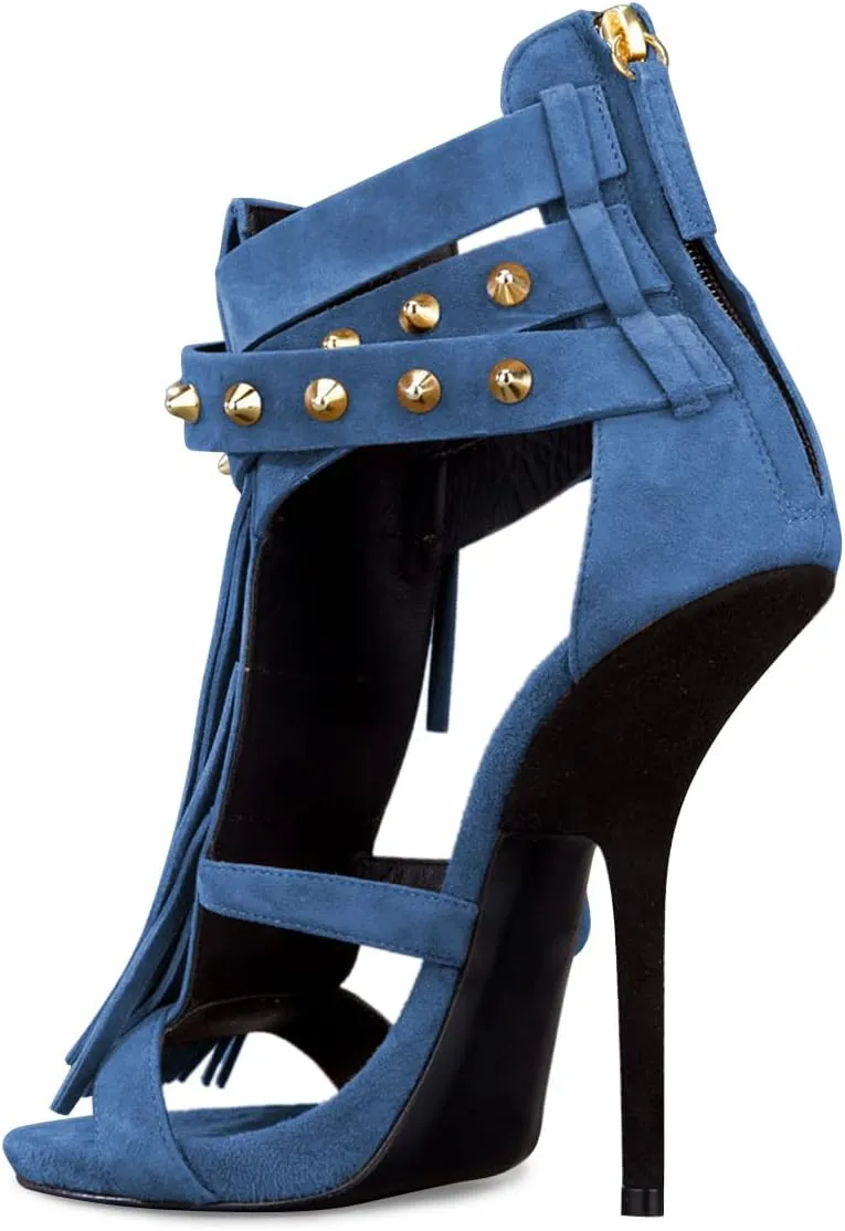 FSJ Women Tassels Gladiator Heeled Sandals Open Toe Stiletto High Heel Fringed Rivets Ankle Strap Back Zipper Shoes Size 4-15 US